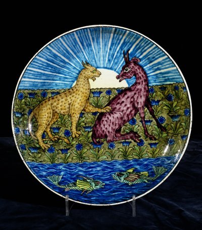 Charger with a leopard and a deer on the bank of a river by William de Morgan